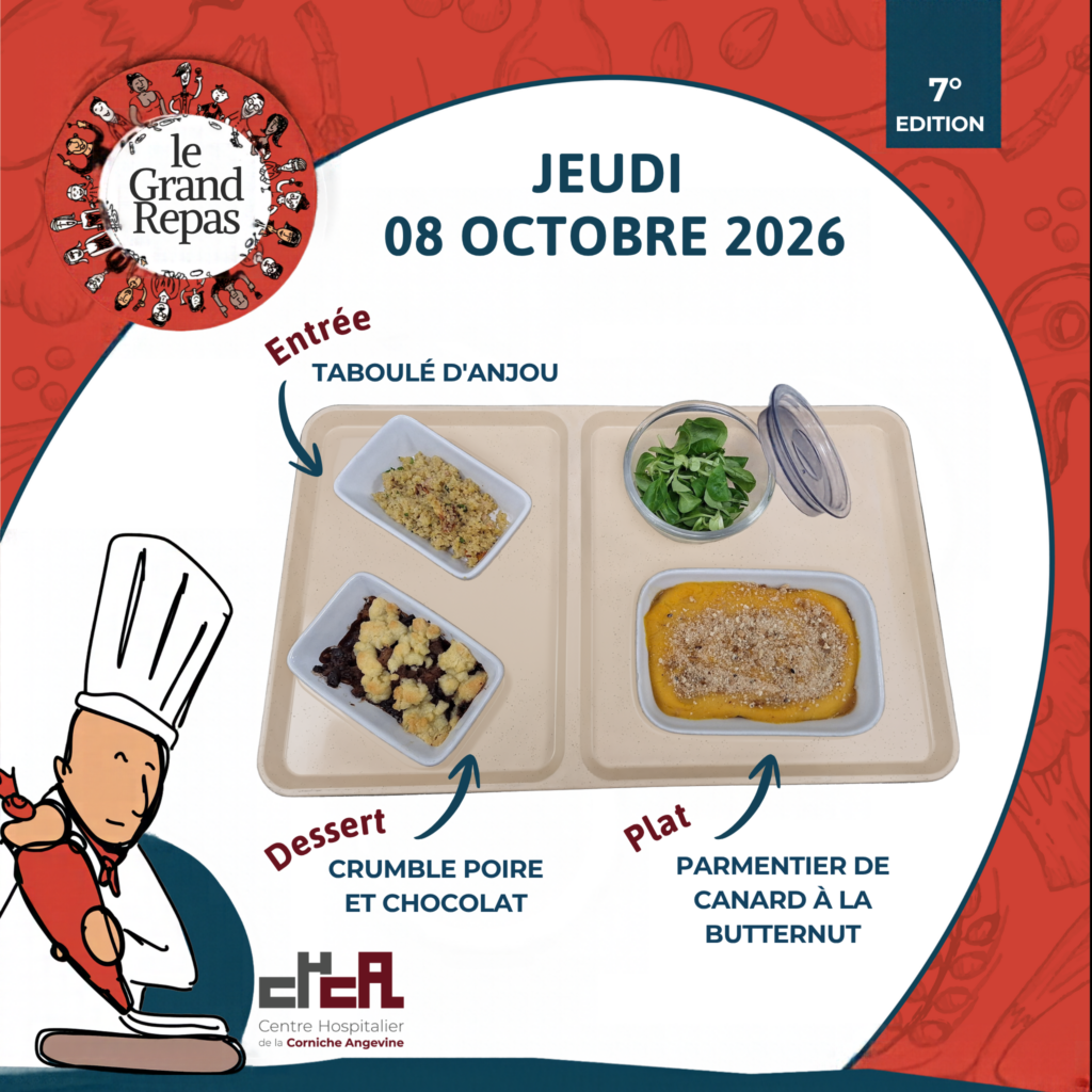 Plateau repas du Grand Repas 2026 servi au CHCA avec taboulé d’Anjou, parmentier de canard à la butternut et crumble poire-chocolat.