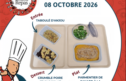 Plateau repas du Grand Repas 2026 servi au CHCA avec taboulé d’Anjou, parmentier de canard à la butternut et crumble poire-chocolat.