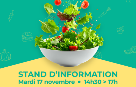 Affiche sur fond vert et jaune annonçant la Semaine nationale de la dénutrition. Au centre, un grand saladier blanc rempli de salade verte, avec des feuilles et des tomates cerises en suspension au-dessus. Des illustrations discrètes d’aliments (champignon, carotte, ail, œuf, hamburger, agrumes) décorent l’arrière-plan. Le texte indique : « Semaine nationale de la dénutrition ». Un stand d’information est organisé le mardi 17 novembre, de 14h30 à 17h, au Centre Hospitalier de la Corniche Angevine. Au programme : informations sur la dénutrition, dégustations de produits enrichis et de compléments nutritionnels oraux, ainsi que des tests de force musculaire. Les logos de la lutte contre la dénutrition et du CHCA figurent en bas de l’affiche.