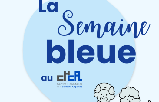 Affiche de la Semaine Bleue 2026 au Centre Hospitalier de la Corniche Angevine, du 5 au 11 octobre 2026, avec une illustration de deux personnes âgées et le titre "La Semaine Bleue".