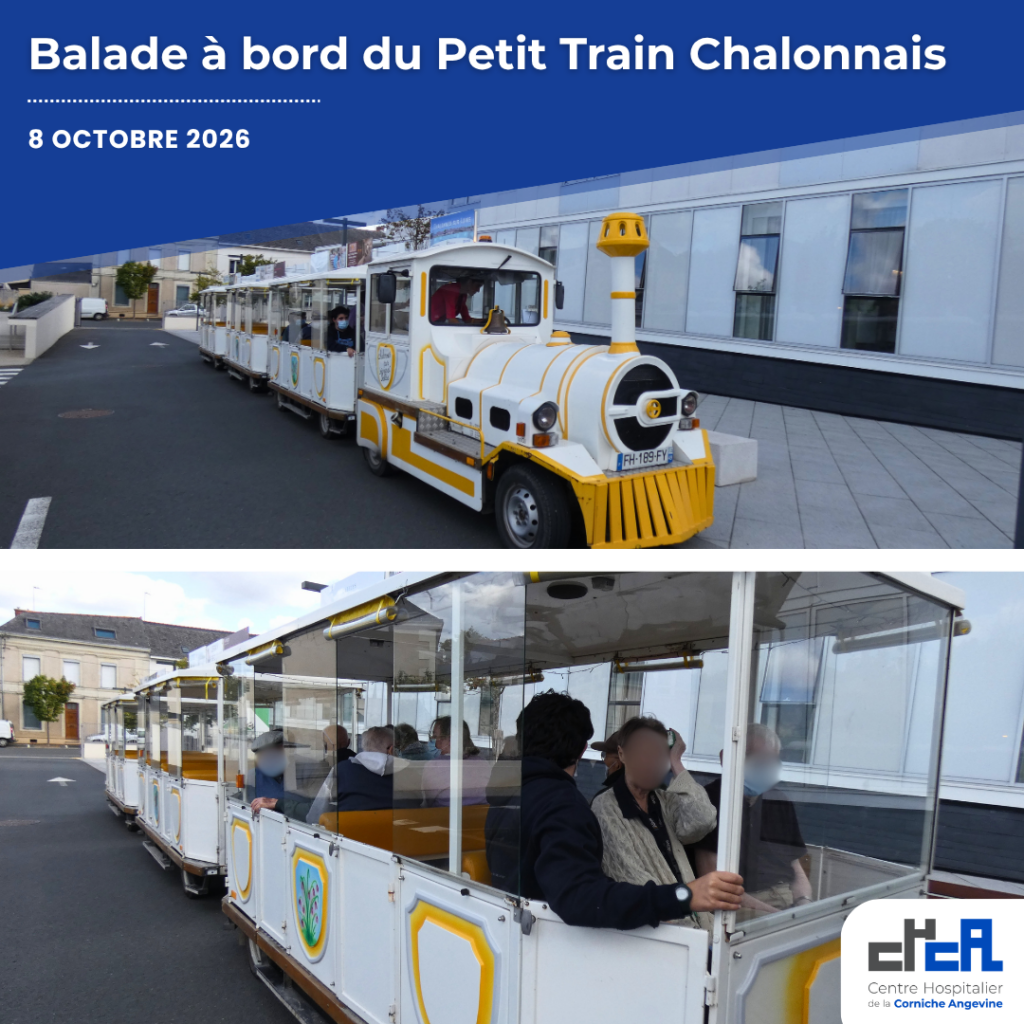 Le Petit Train Chalonnais stationné devant le CHCA, avec des résidents installés à bord pour une sortie organisée dans le cadre de la Semaine Bleue 2026.